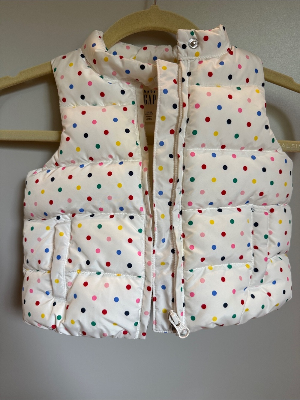 GAP Kids White Puffer Vest with Multicolor Polka Dots